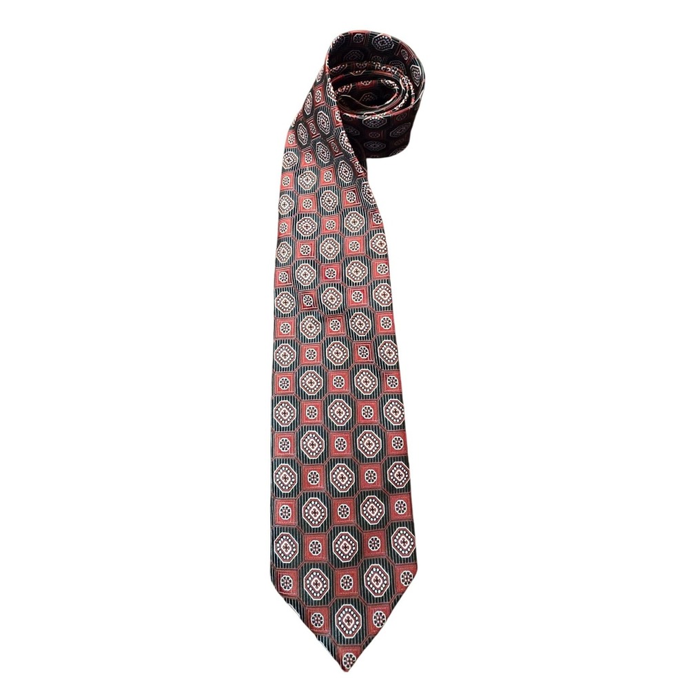 Alexander Julian Colours Mens Tie Red Black Geometric Medallion Hand Made Poly